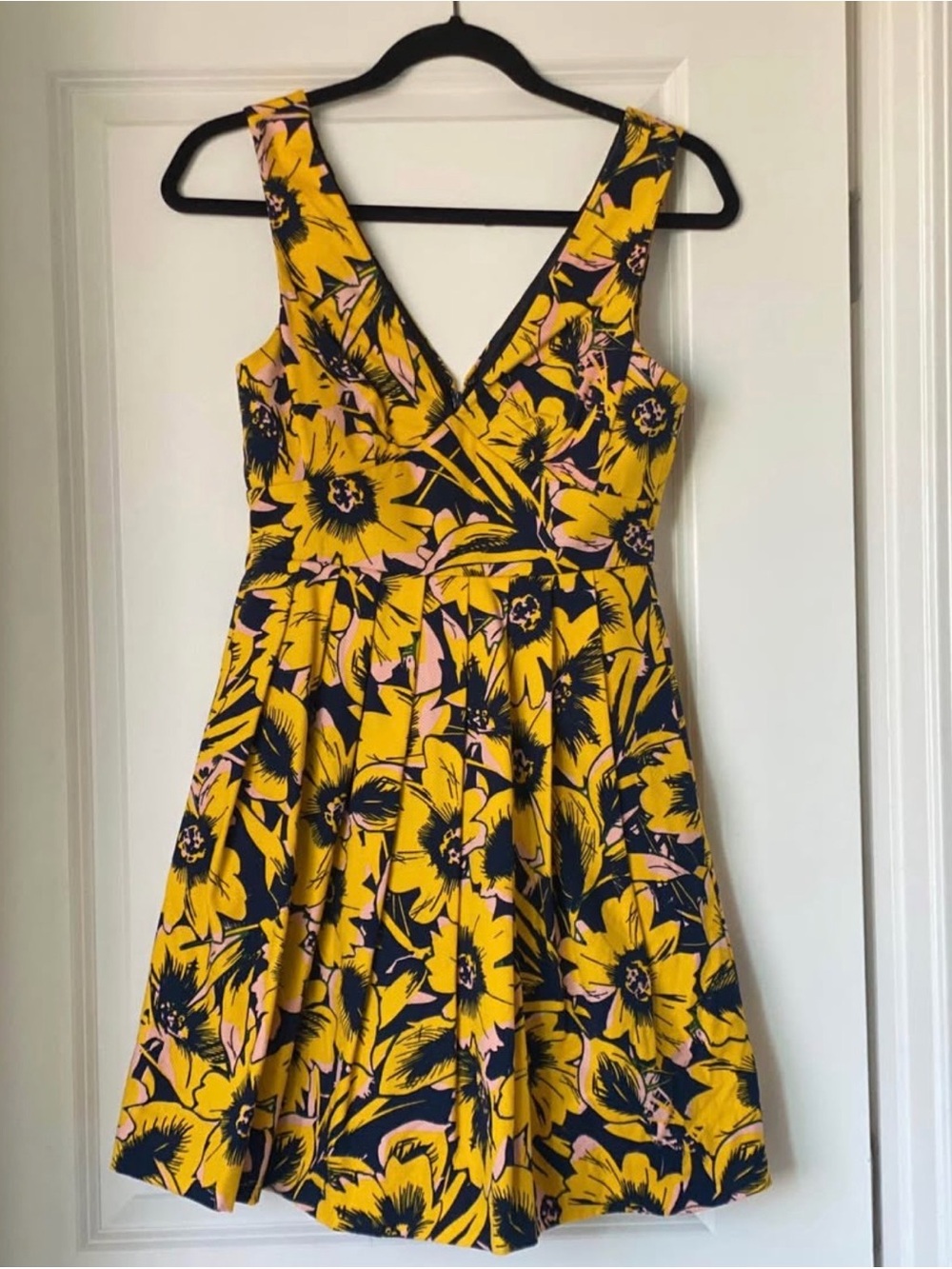 J. Crew Yellow and Navy Floral V-Neck Mini Dress